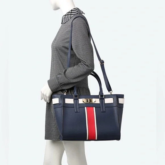 Aldo Greng Tote Bag Vegan Leather Navy Blue Red White - Picture 2 of 12